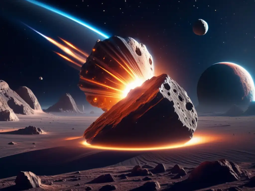 Impacto asteroides Ultra Primitivos: imagen 8k de un asteroide masivo en el espacio, con detalles de su superficie rugosa y cráteres profundos