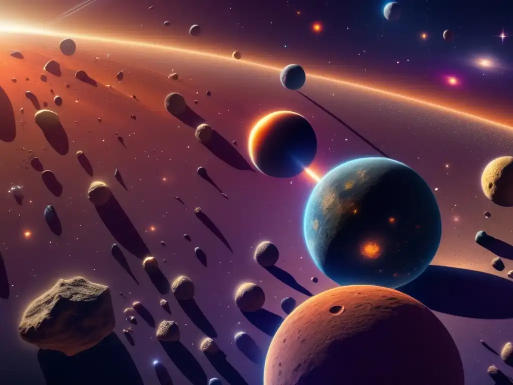 Impacto asteroides en el universo: Cinturón principal con asteroides de colores vibrantes y gigantes imponentes