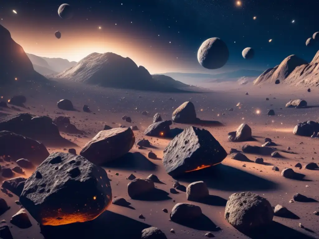 Impacto asteroides tierra transformación: campo vasto de asteroides en el espacio, iluminado por estrellas distantes, revela su belleza y complejidad