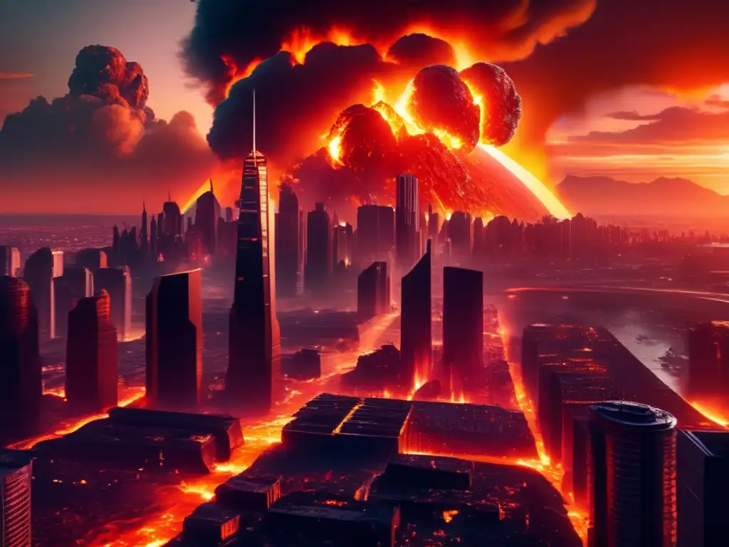 Impacto asteroides videojuegos ciencia ficción: Futuro urbano arrasado por asteroide en llamas, con rascacielos derrumbados y una ciudad en caos