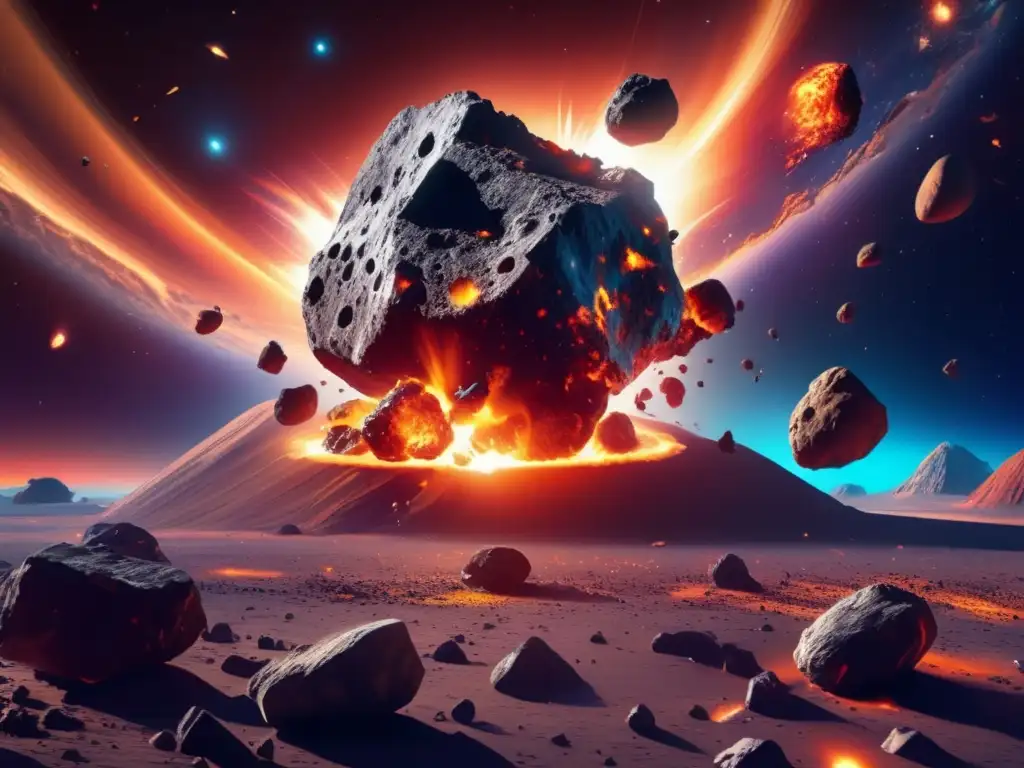 Impacto de asteroides en VR: Escena virtual de colisión entre dos asteroides en el espacio, con colores vibrantes y detalles texturizados