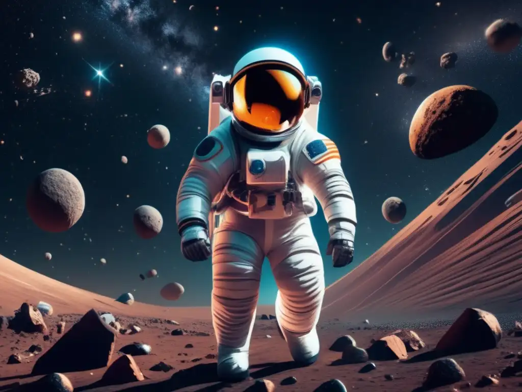 Impacto: Astronauta en traje espacial flota sobre asteroides en un paisaje desolado, con visor reflejando estrellas y galaxias distantes