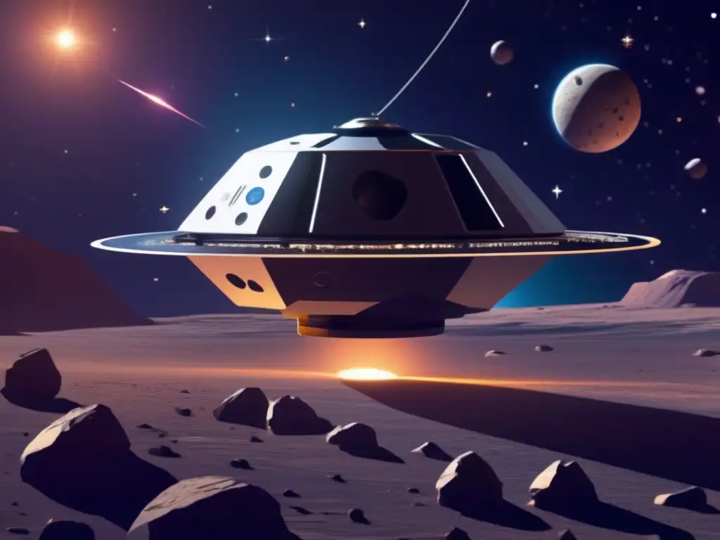 Impacto cinético en asteroides: Misión AIM AIDA - Sonda futurista sobre asteroide con logos de NASA y ESA, paisaje cósmico estelar