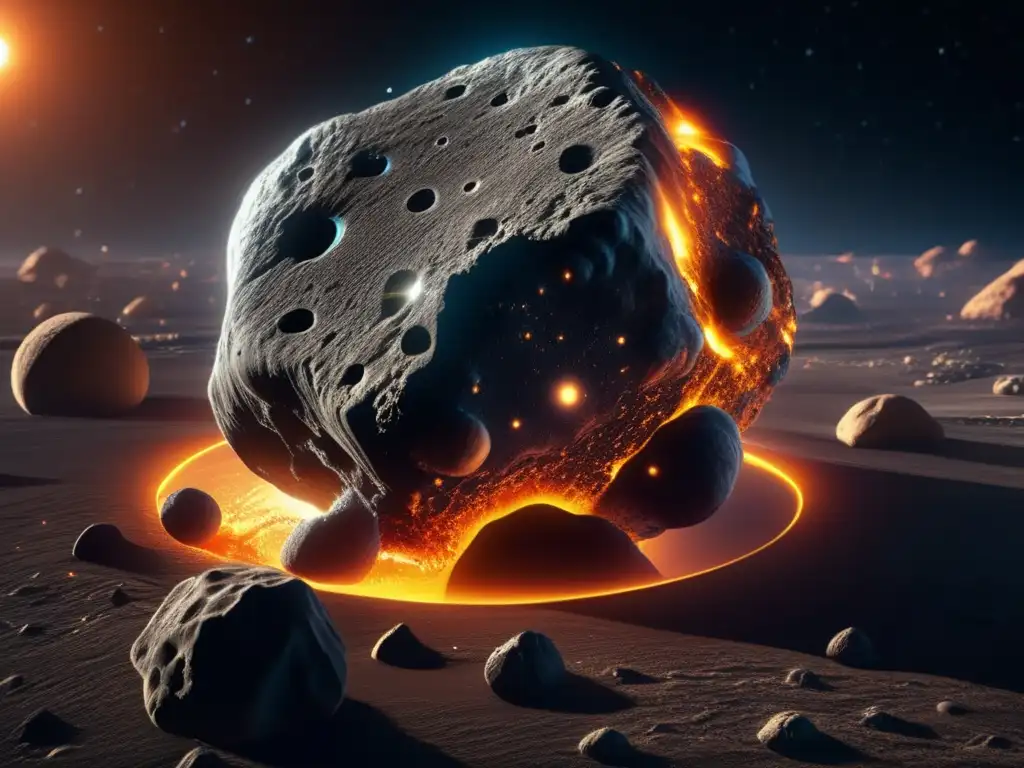 Impacto compuestos orgánicos en asteroides: imagen 8k detallada de asteroide carbonáceo con texturas y procesos químicos, rodeado de brillo atmosférico