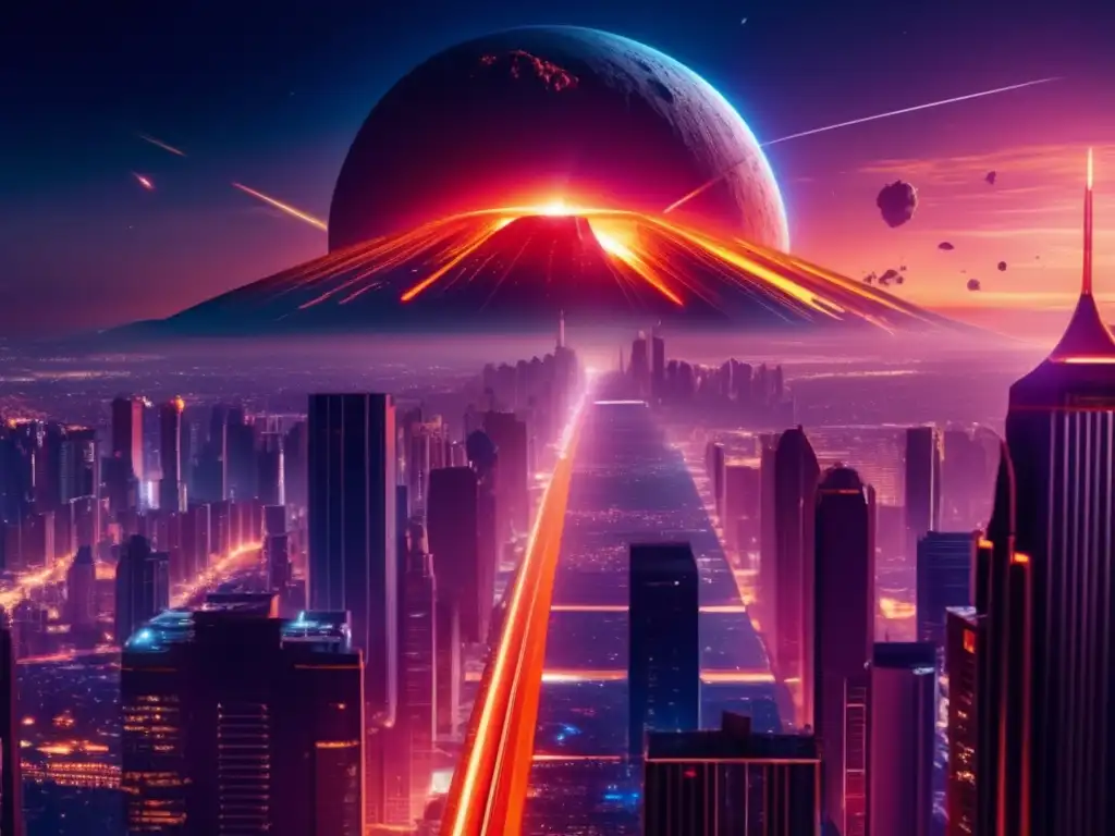 Impacto cultural asteroides: Ciudad futurista con rascacielos y un asteroide amenazante en el cielo nocturno