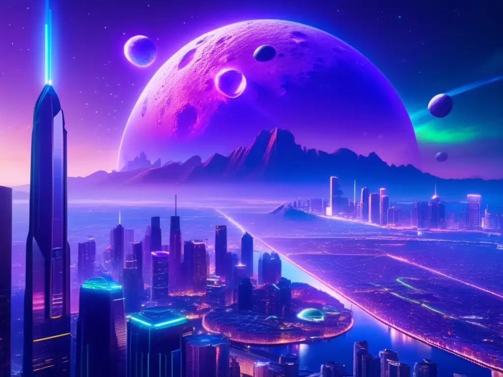 Impacto cultural asteroides en una ciudad futurista surrealista rodeada de rascacielos y un asteroide