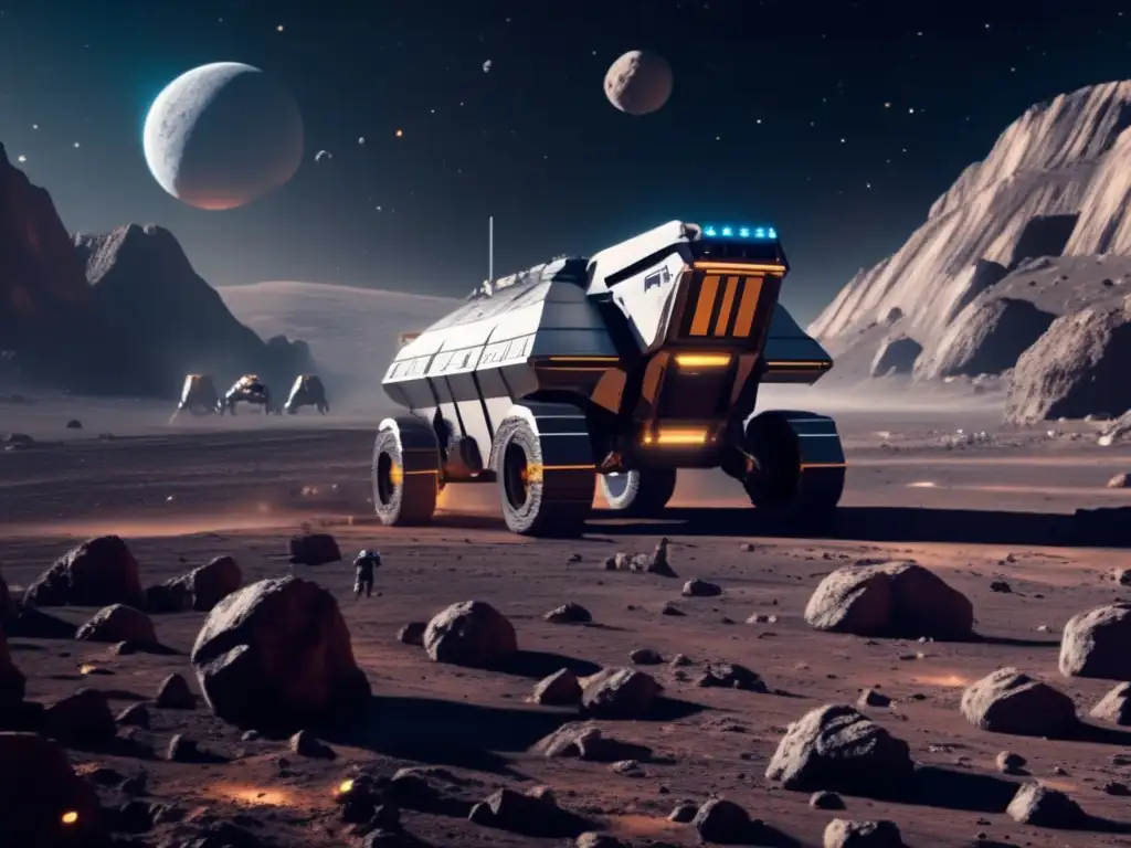 Impacto cultural asteroides: imagen 8k muestra operación minera futurista en campo asteroides, nave avanzada, astronautas supervisando