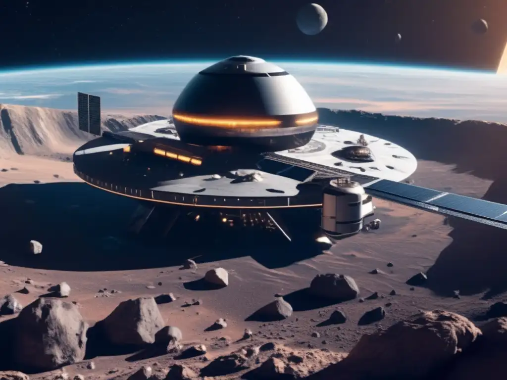 Impacto cultural asteroides: Estación espacial futurista en asteroide con paisaje celestial, actividad humana y belleza cósmica