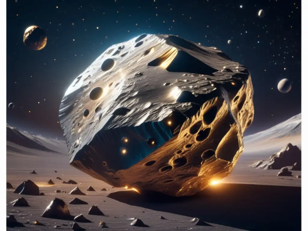 Impacto económico de asteroides: Asteroide metálico flotando en el espacio con preciosos metales y texturas intrincadas