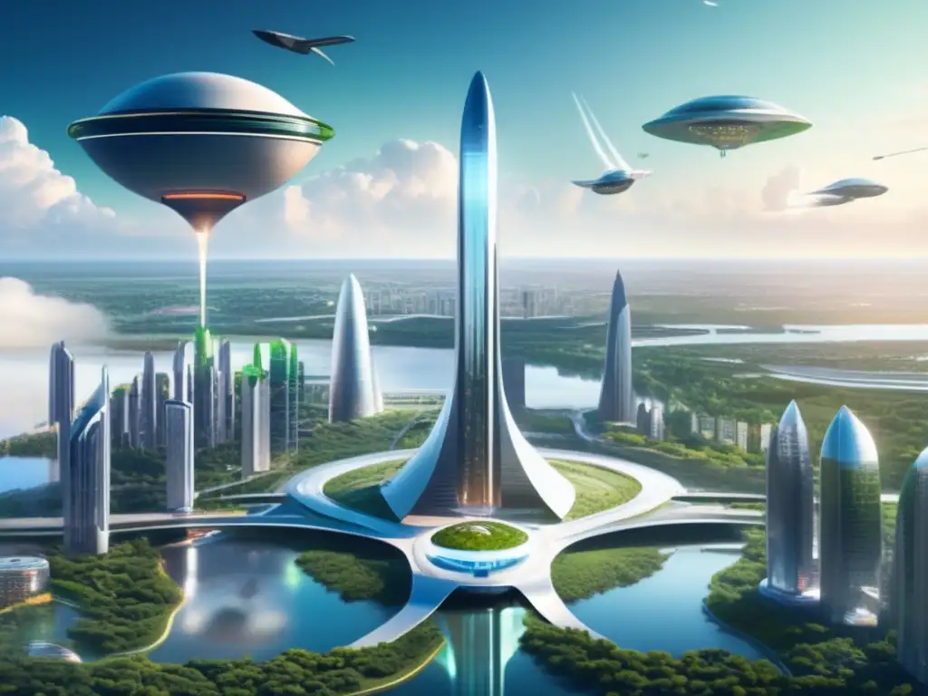 Impacto económico de los asteroides en una ciudad futurista con rascacielos, parques verdes y minas espaciales