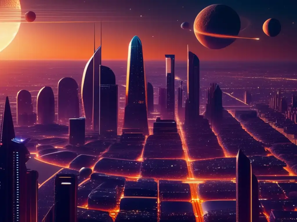 Impacto económico de los asteroides: ciudad futurista, rascacielos, asteroides, recursos minerales, mercado global