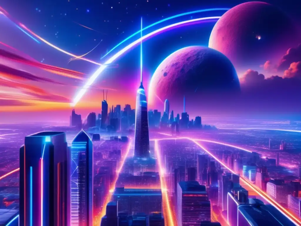 Impacto económico de los asteroides en futurista ciudad con rascacielos y neones