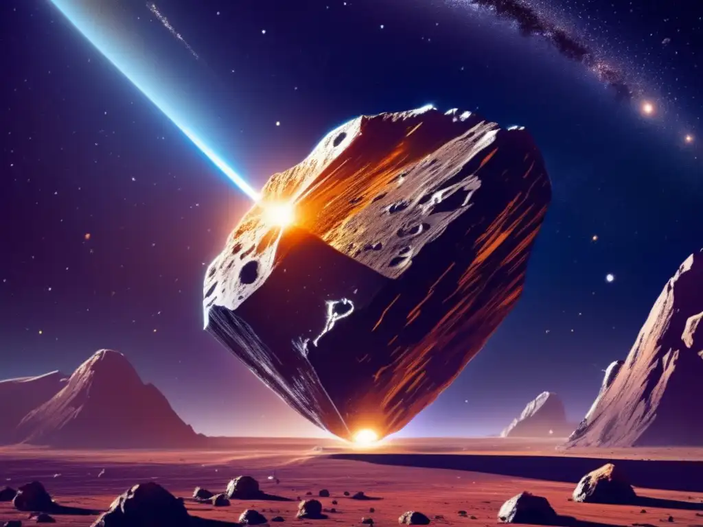 Impacto económico de asteroides: mineros espaciales extraen recursos preciosos de un asteroide rodeado de naves avanzadas