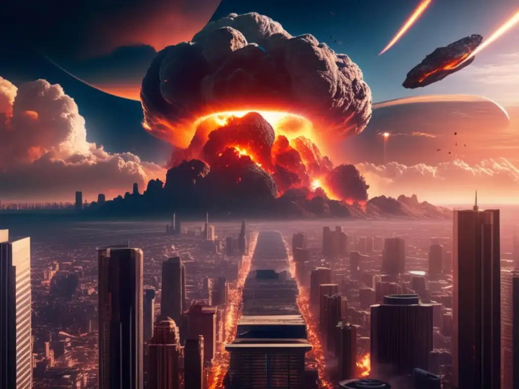 Impacto económico de asteroides en la Tierra: ciudad caótica, devastación, científicos y tecnología avanzada