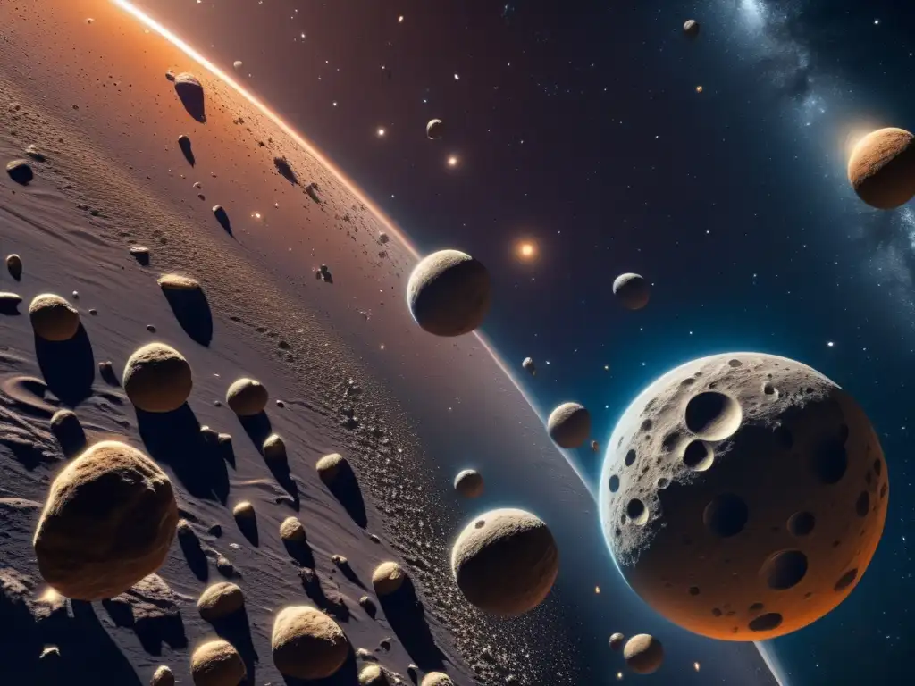 Impacto económico minería asteroides en vasto cinturón de asteroides, con detalles impresionantes y belleza espacial