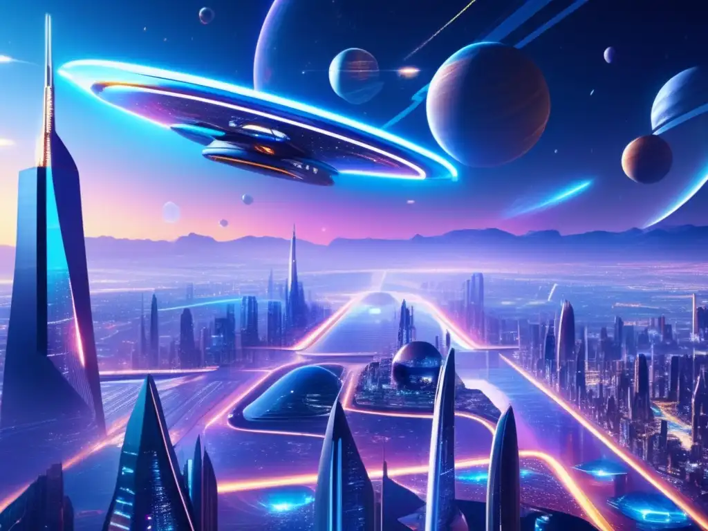 Impacto colonización espacial en Tierra: Futurista metrópolis flotando en espacio, estructuras imponentes, hologramas, transporte avanzado