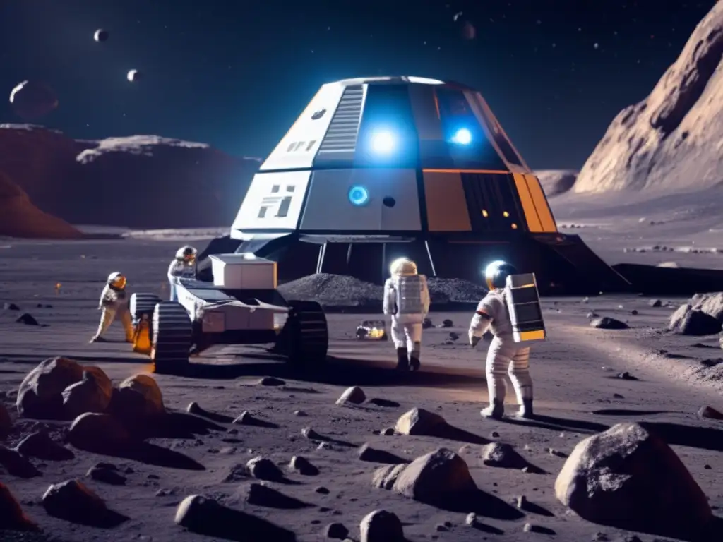 Impacto de marea gravitacional en lunas asteroides: instalación minera futurista, astronautas, experimentos científicos, recursos y formaciones geológicas
