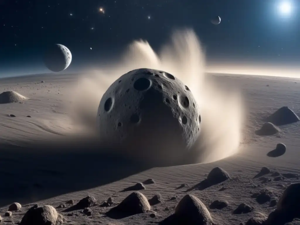Impacto de marea gravitacional en lunas asteroides: escena cinematográfica impactante de fuerzas de marea en lunas de asteroides