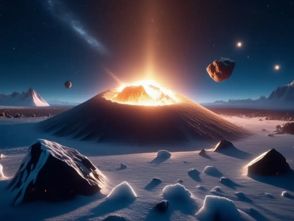Impacto masivo en asteroide helado: paisaje congelado, luz etérea y asteroides en el espacio