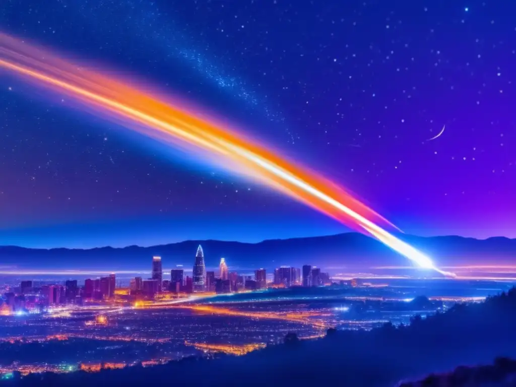 Impacto meteorito en lugares inesperados: meteorito brillante y colorido surcando el cielo nocturno, dejando una estela de partículas resplandecientes