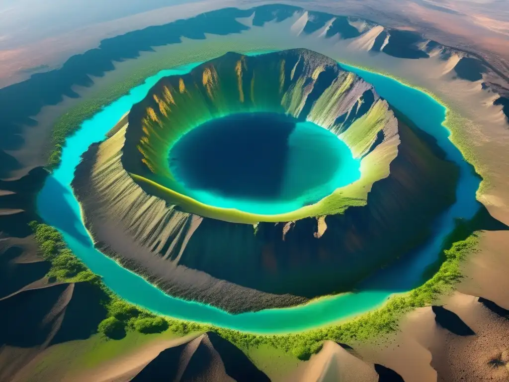 Impacto meteoritos vida tierra: Cráter gigantesco, agua turquesa, rocas, sol dorado, vegetación exuberante, bosque denso