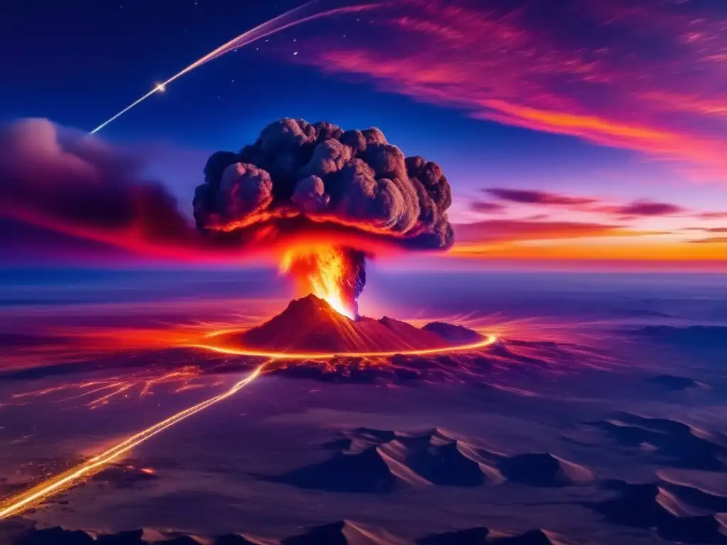 Impacto meteoritos vida tierra: Espectacular imagen 8k ultradetallada de un meteoro en el cielo, dejando una estela de fuego