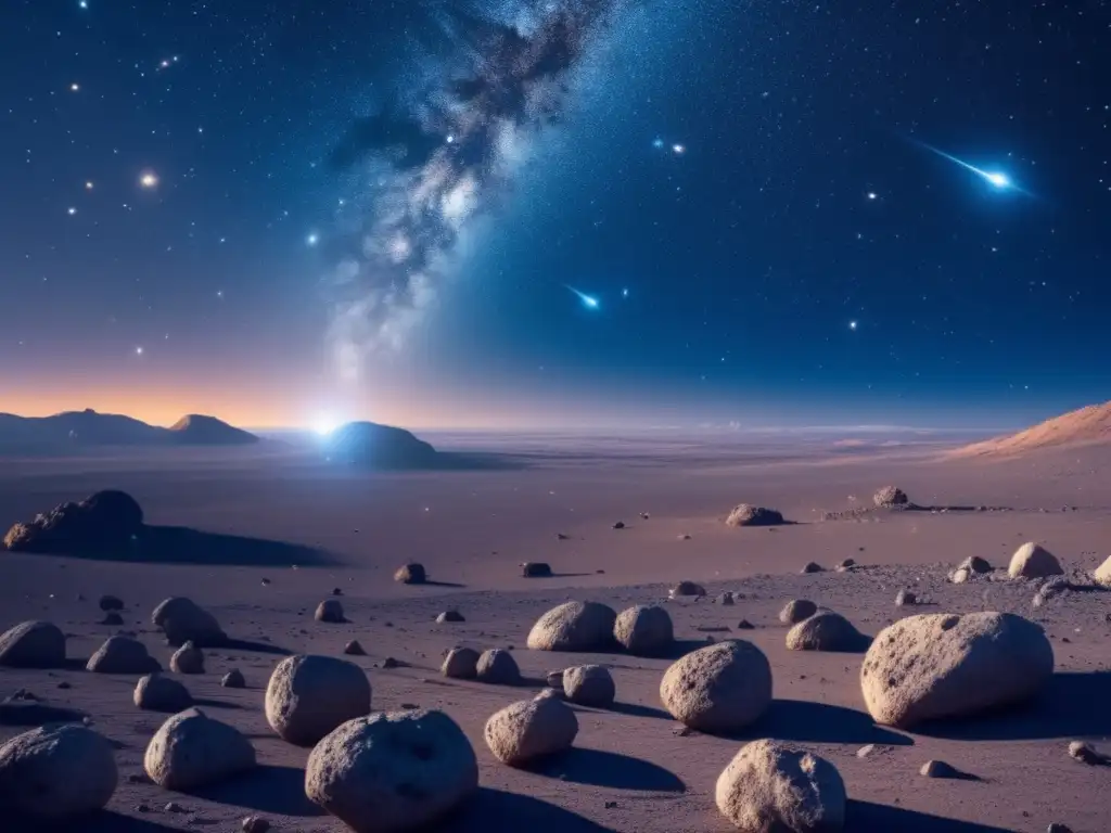 Impacto de meteoros pequeños en la tierra, estrellas brillantes y asteroides rocosos en el espacio profundo