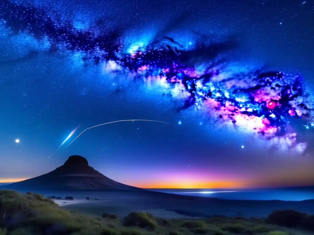 Impacto de meteoros pequeños en la tierra: noche estrellada con la Vía Láctea y un meteorito de colores brillantes