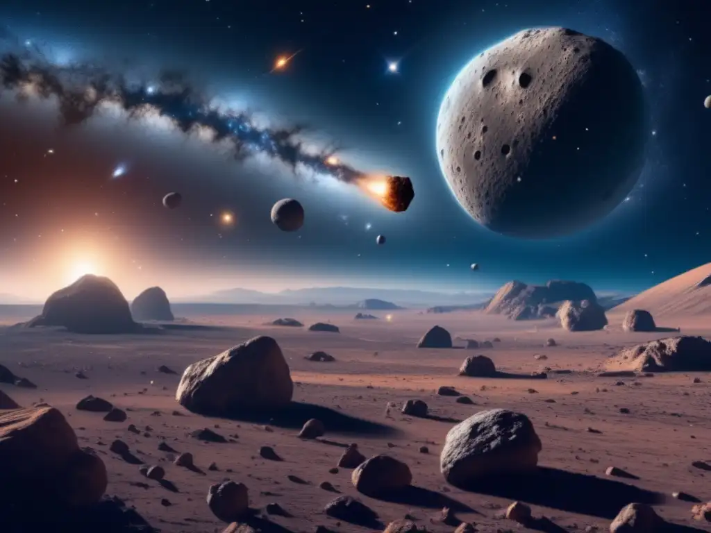 Impacto de silicato en asteroides S: vista 8k impresionante del espacio, con estrellas, galaxias y rocas iluminadas