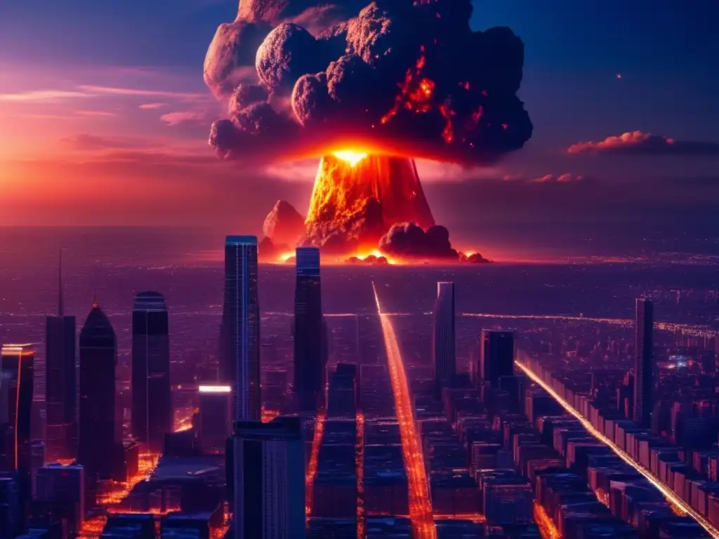 Prevenir impactos de asteroides: ciudad en ruinas tras impacto catastrófico de asteroide, escena detallada de destrucción y caos
