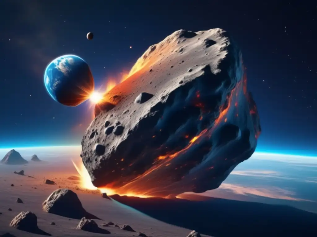 Preparación ante impactos de asteroides: imagen 8K de un asteroide acercándose a la Tierra, con colores amenazantes y la Tierra de fondo