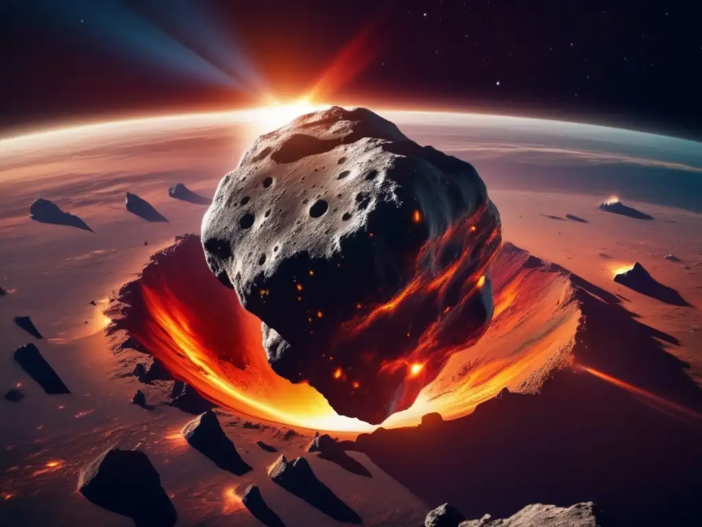 Impactos de asteroides en la Tierra: Asteroida en ruta, texturas imponentes, colores vibrantes y la Tierra al fondo