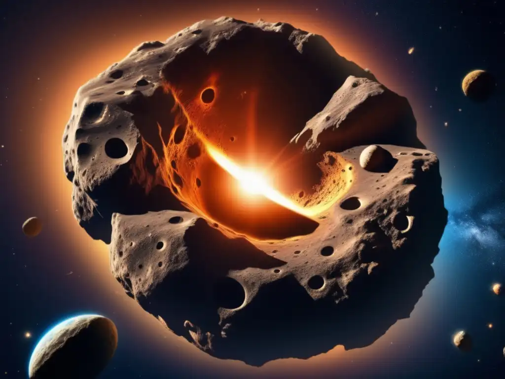 Impactos de asteroides en la Tierra: Colosal asteroide en el espacio, con superficie rocosa llena de cráteres, rodeado por estrellas distantes