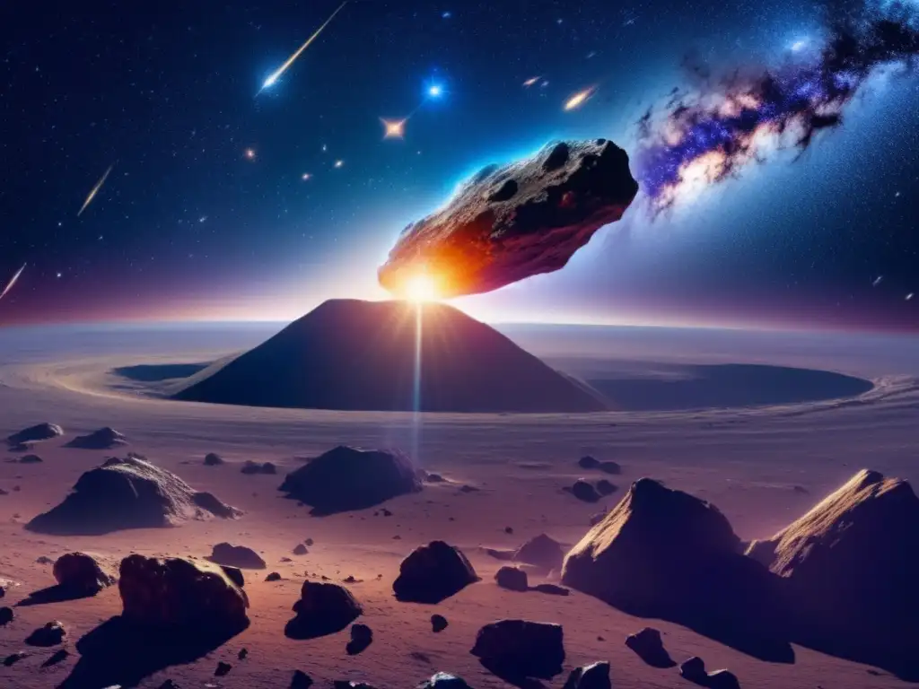 Impactos cósmicos en la Tierra: mineros futuristas extraen recursos en asteroide espacial con paisaje estelar