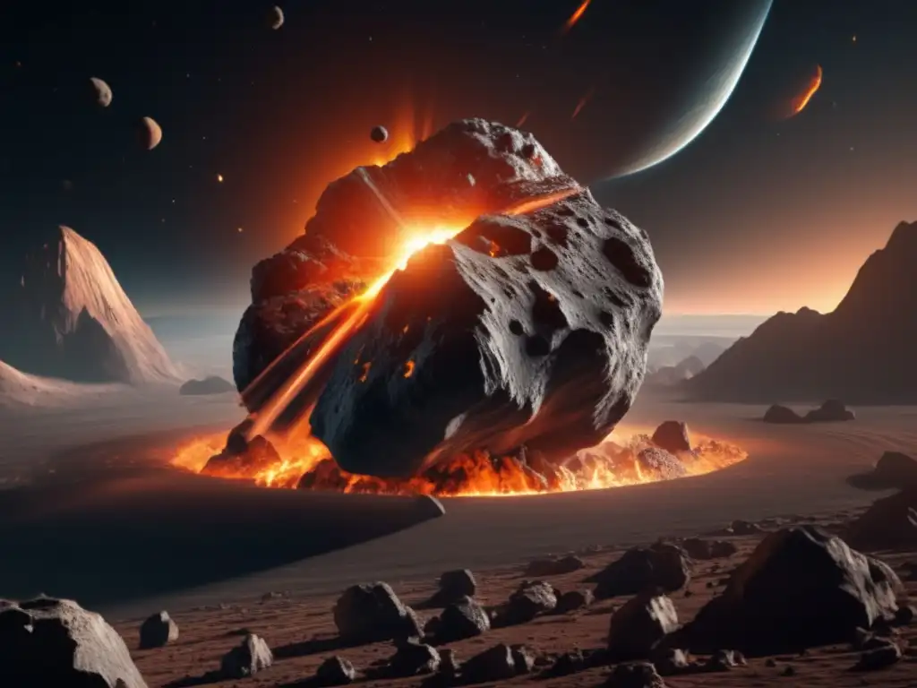 Implicaciones legales colonización asteroides: Asteroide masivo acercándose a la Tierra, con detalles y colores ominosos