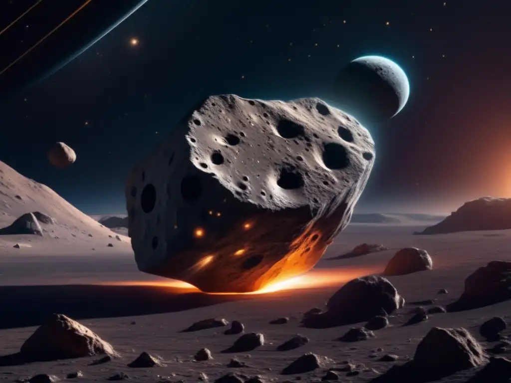 Importancia asteroides en ciencia: nave espacial orbitando asteroide, paisaje rugoso y científico avanzado