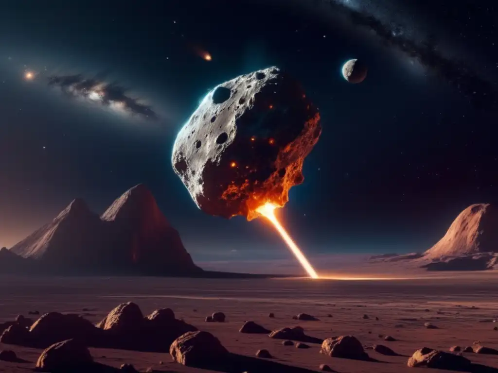 Importancia de asteroides en ciencia: vista impresionante de asteroide flotando en el espacio, con nave futurista y tecnología avanzada