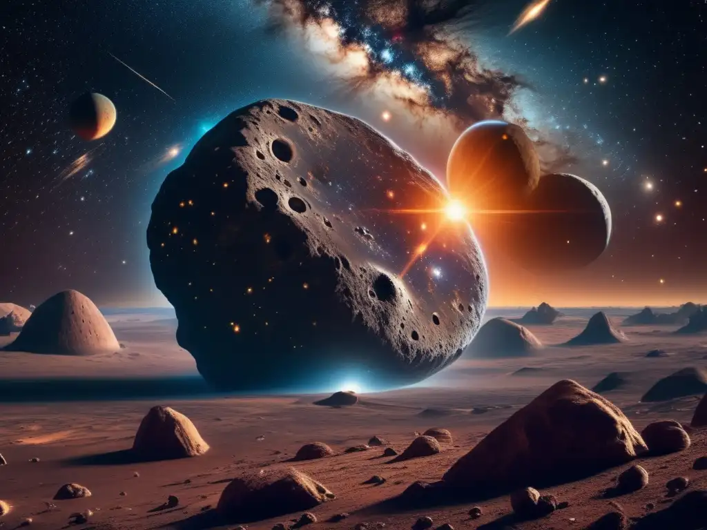 Importancia de los asteroides en el universo: imagen 8k detallada de un paisaje cósmico infinito con estrellas, galaxias y un asteroide impresionante