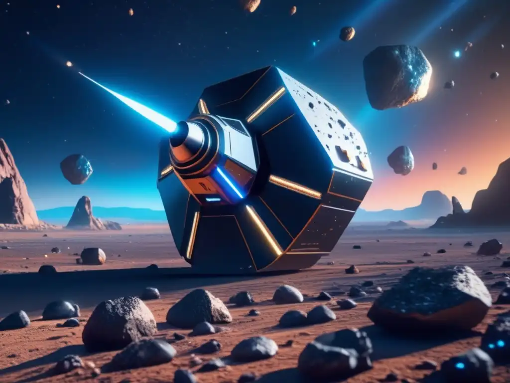 Importancia de asteroides en el universo: sonda espacial futurista explorando campo de asteroides con colores vibrantes