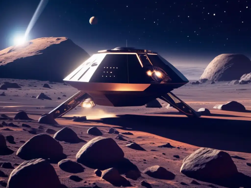Importancia de asteroides en el universo: nave espacial explorando asteroide
