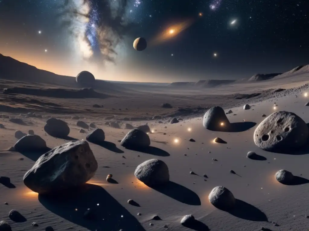 Importancia de asteroides en el universo: vasto espacio estelar con cinturón de asteroides, detalles fascinantes, composición impactante