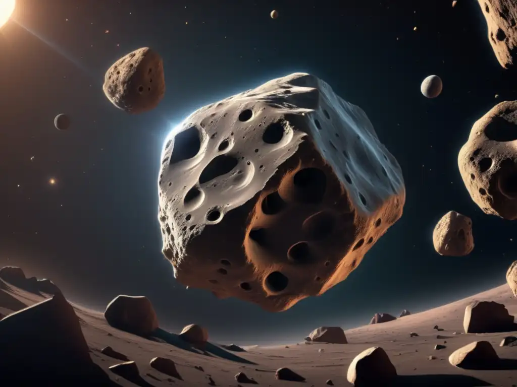 Importancia de asteroides en el universo: Vista cercana de un asteroide masivo en el espacio, con textura rocosa y detalles impresionantes