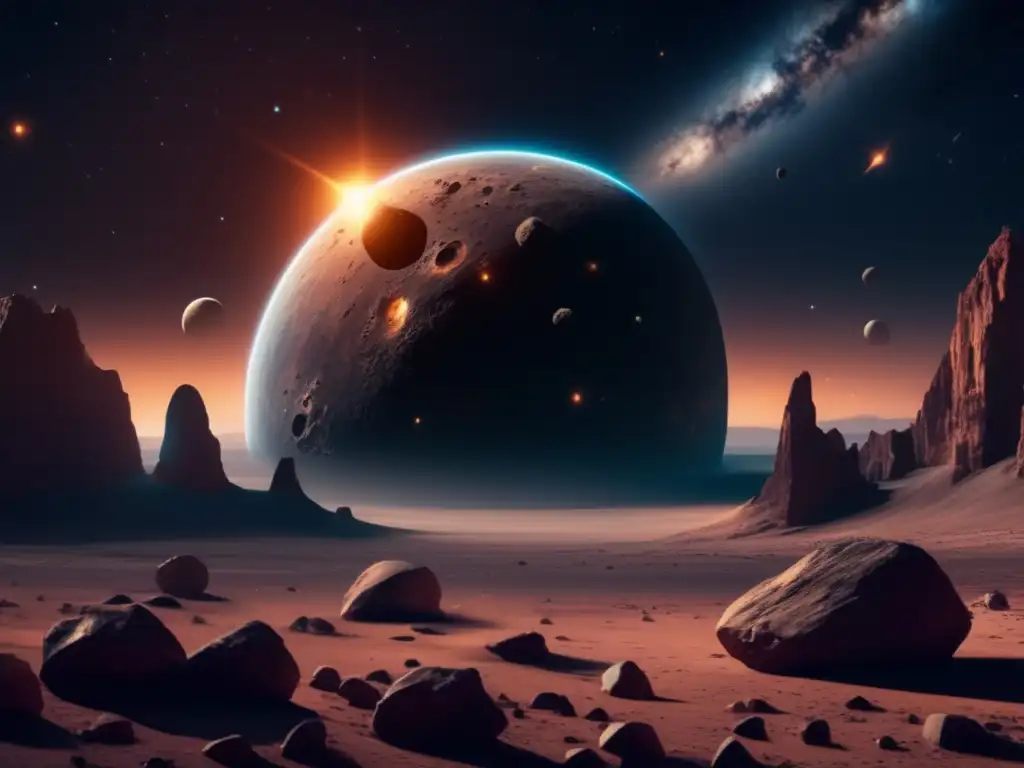 Importancia de los asteroides en la vida humana: imagen de espacio exterior con un asteroide antiguo rodeado de rocas y un planeta distante con nubes
