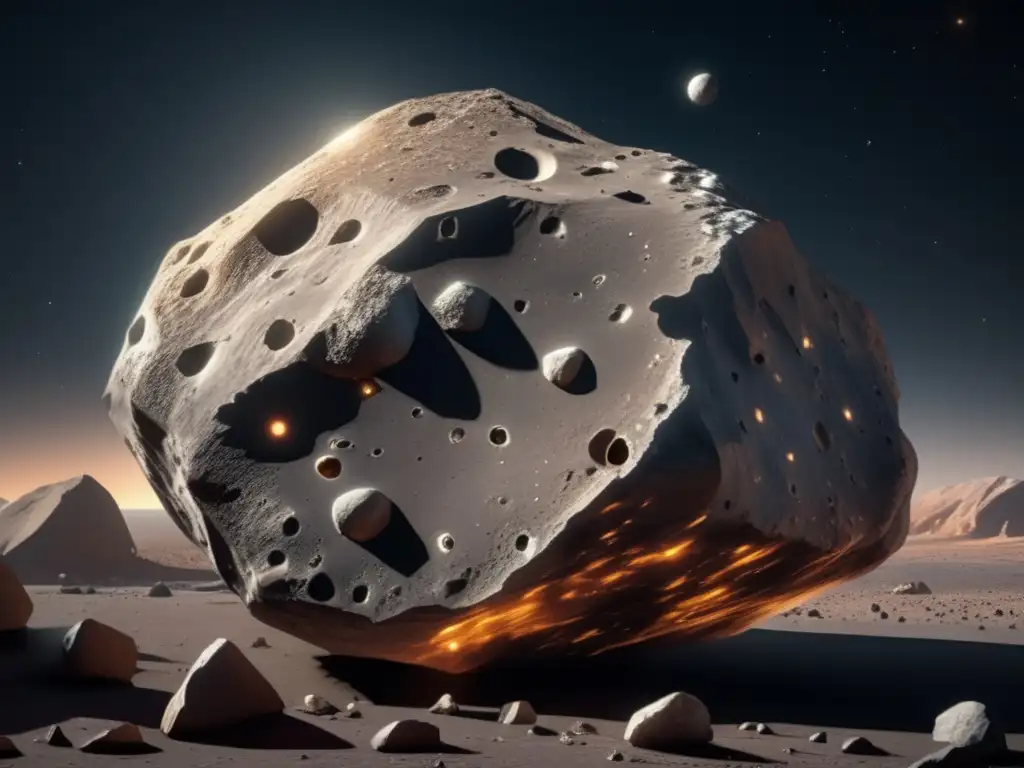 Importancia de la microgravedad en asteroides: imagen 8K detallada muestra asteroide flotando en el espacio, su forma irregular, composición y belleza
