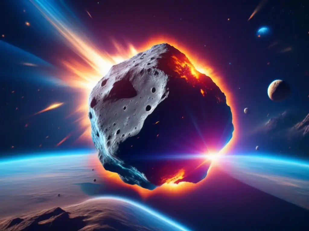 Importancia de preservar los NEOs: Asteroid impactante hacia la Tierra, realzando su tamaño y riesgo, en vibrante imagen 8k