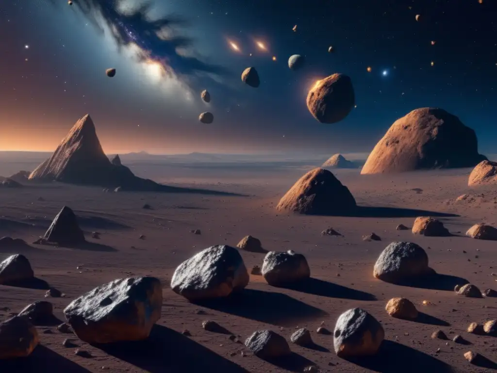 Importancia de NEOs en evolución: Expanse espacial con asteroides metálicos brillantes, nave futurista y potencial cósmico