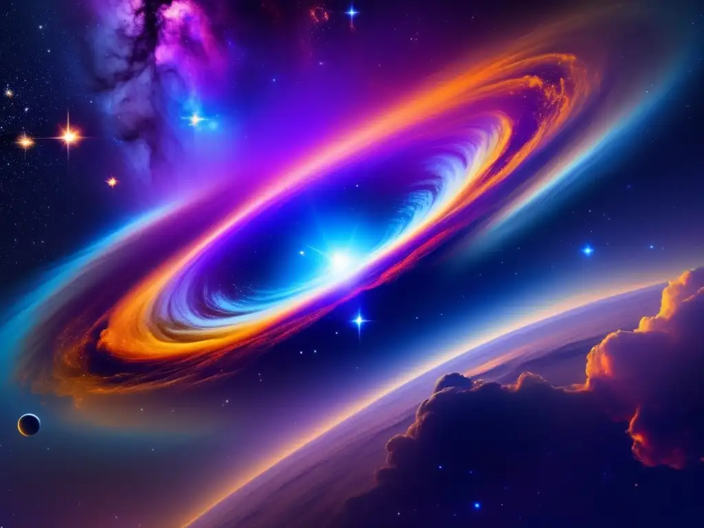 Importancia rastreo NEOs espacio: Nebulosa cósmica con colores vibrantes y sonda espacial futurista