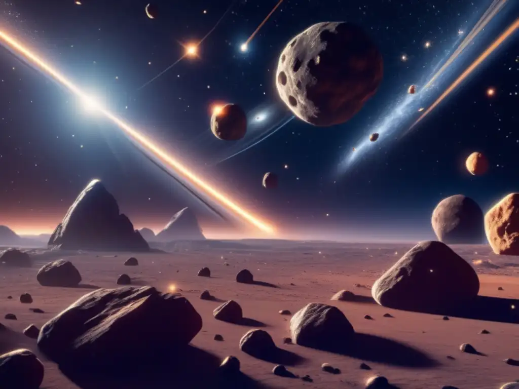 Importancia de resonancias gravitacionales en asteroides: escena celestial con asteroides en movimiento, órbitas destacadas