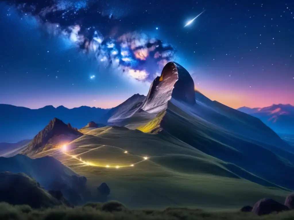 Importancia de los tránsitos de asteroides en un cielo nocturno estrellado con montañas iluminadas por la luna