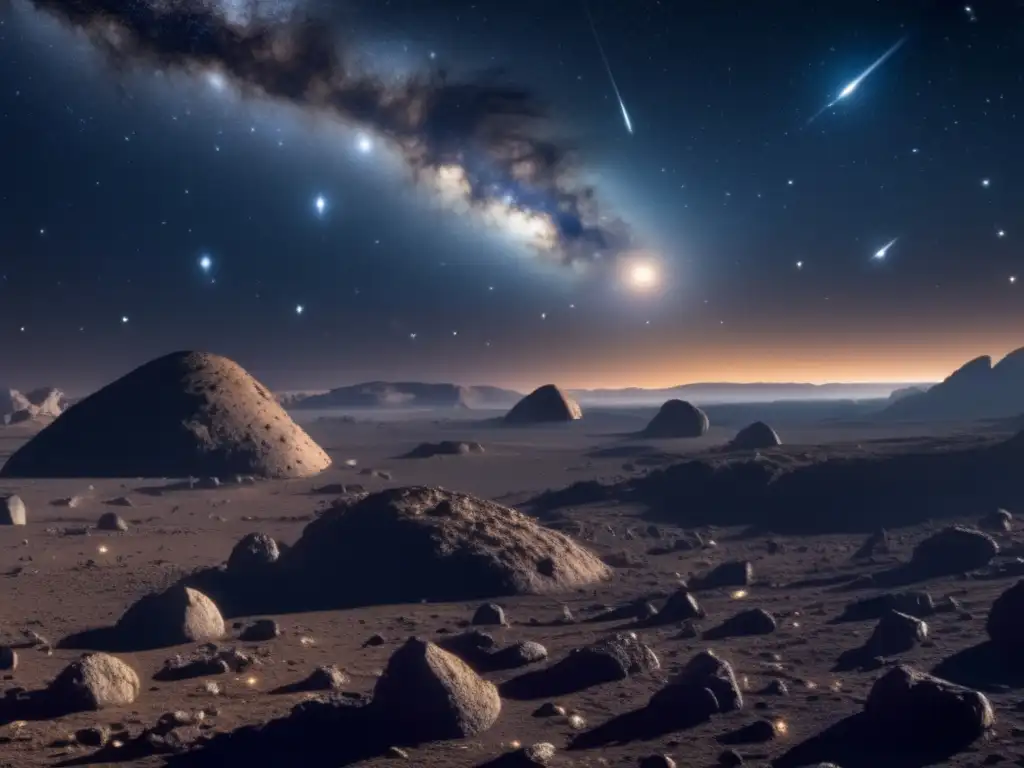 Importancia de los tránsitos de asteroides en imagen de noche estrellada y campo de asteroides hipnotizante